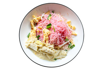 Top view of Stir fried Noodle with Yentafo sauce Preserved soy bean dip topping, focus selective