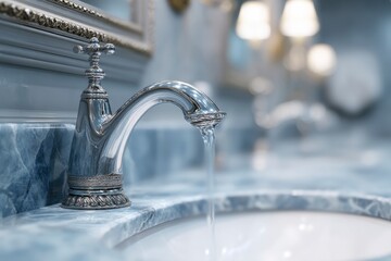 Gleaming chrome faucet dispensing water onto a marble counter in a luxurious bathroom setting