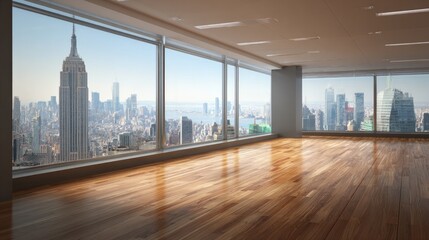 Empty room with panoramic city view.