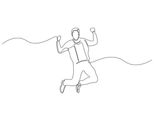 Happy man continuous line. Continuous one line drawing of happy man. People jump concept. Single line drawing