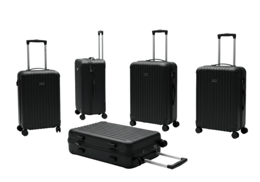 Five black hardshell rolling suitcases, each with extendable handle, spinner wheels, ribbed surface, and zipper closures, presented from various angles on a transparent background with copy space.
