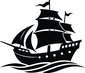 Pirate ship silhouette, sailing vessel icon, flat nautical vector, black ship illustration