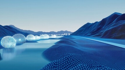 Futuristic landscape with glowing orbs and digital road