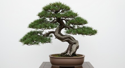 Elegant Green Bonsai Tree with Curved Trunk in a Brown Pot on White Background