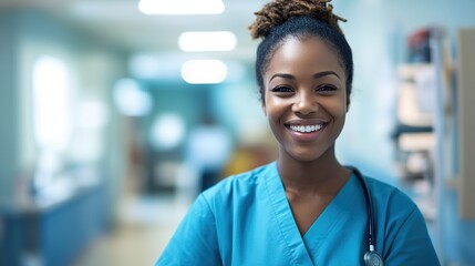 Fototapeta premium Smiling female nurse in blue scrubs stands confidently in a hospital corridor, radiating warmth and professionalism.