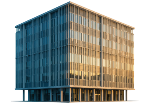 A modern, rectangular multi-story office building with a striking facade of reflective glass windows and sleek structural elements, dramatically lit with cool blue and warm golden light, isolated on