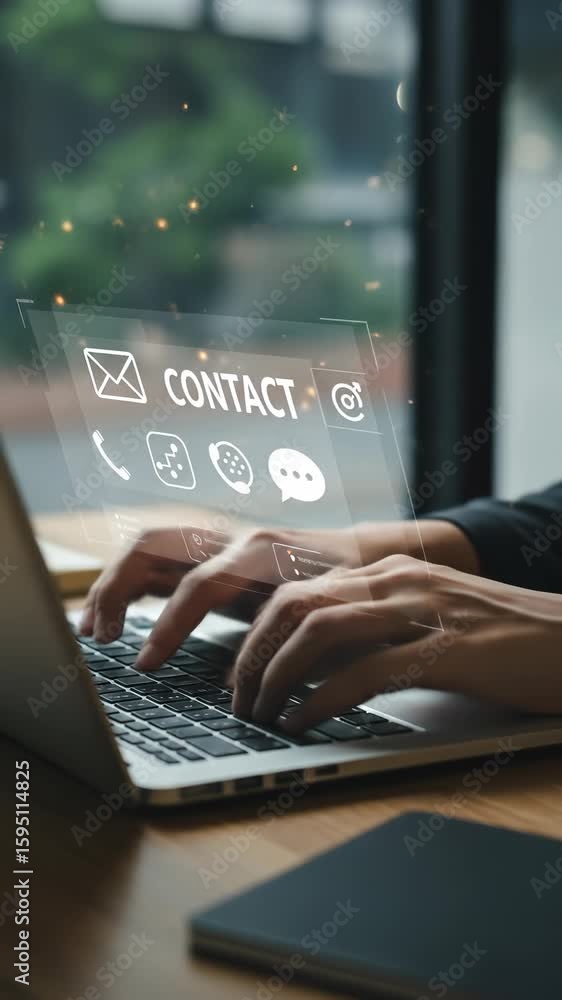 Poster connecting via contact channels: man types on a laptop with interactive communication icons for emai