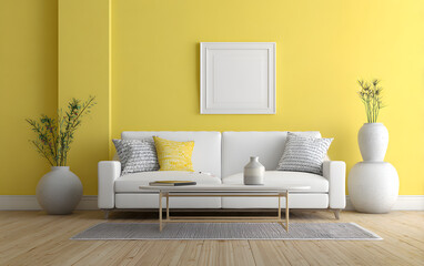 A living room with a yellow wall and a white couch