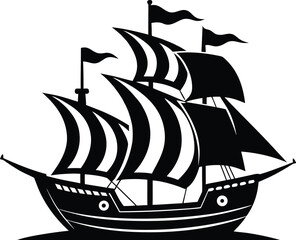 Pirate ship silhouette, sailing vessel icon, flat nautical vector, black ship illustration