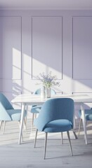 Elegant Light Purple Dining Room with Blue Chairs and White Table in Modern Interior