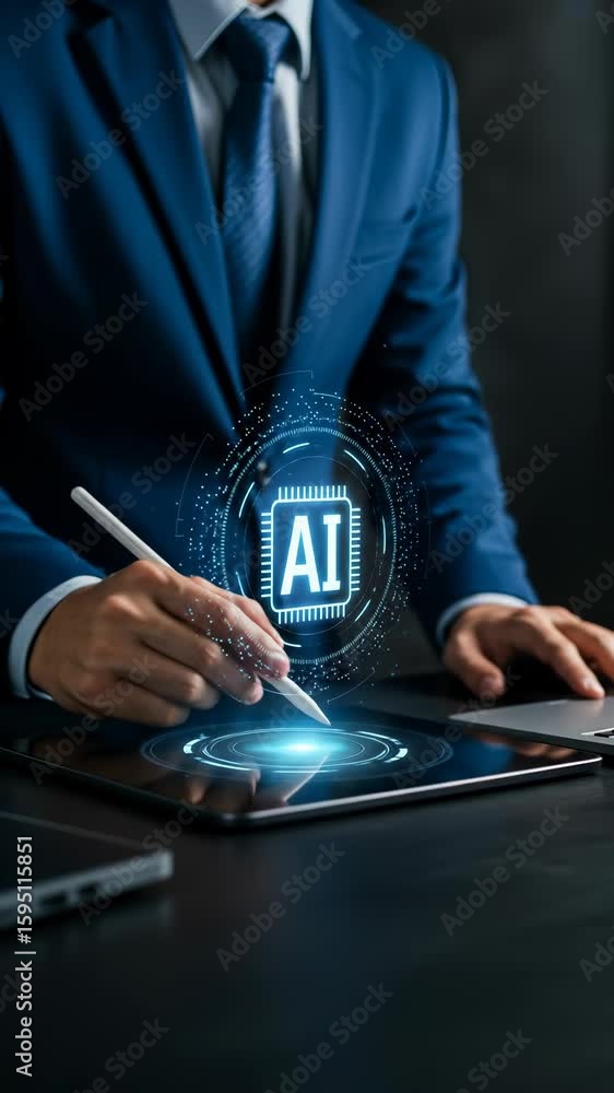 Poster ai integration: businessman uses stylus on tablet, accessing artificial intelligence with holographi