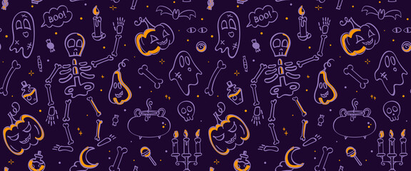 Halloween doodle hand drawn seamless pattern. Cute background with illustration of pumpkins, ghost, skulls, candy, bats and other creative thematic elements. Texture for wallpaper, print, fabric.