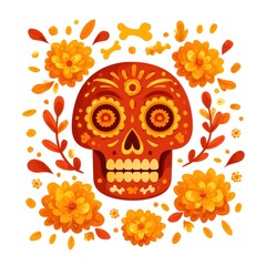 Colorful decorative skull surrounded by marigold flowers