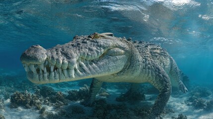 Croc underwater, coral reef