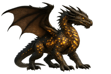 Fototapeta premium Powerful lava dragon with glowing spots standing majestically, isolated on transparent background, creating a dramatic and mythical scene
