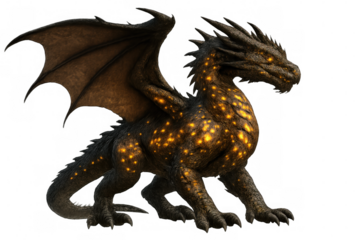 Powerful lava dragon with glowing spots standing majestically, isolated on transparent background, creating a dramatic and mythical scene