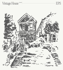 A Beautiful Vintage House Illustration Perfect for Creating a Retro Aesthetic Atmosphere