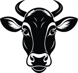 Cow head silhouette, animal face icon, farm livestock vector, simple black illustration
