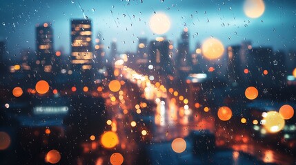 Obraz premium Raindrops cling to glass blurring city lights creating a moody urban atmosphere at night