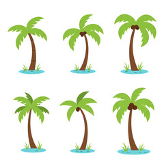 Collection of six stylized palm trees with green fronds and brown trunks standing in water isolated on transparent background