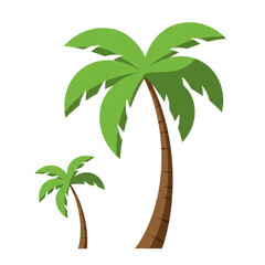 Two stylized green palm trees with brown trunks and lush fronds isolated on transparent background