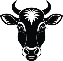 Cow head silhouette, animal face icon, farm livestock vector, simple black illustration