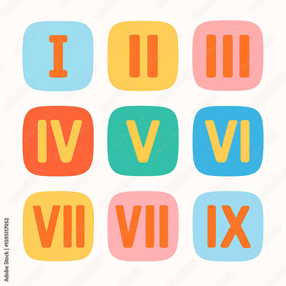 Poster collection of colorful rounded squares displaying roman numerals i through ix