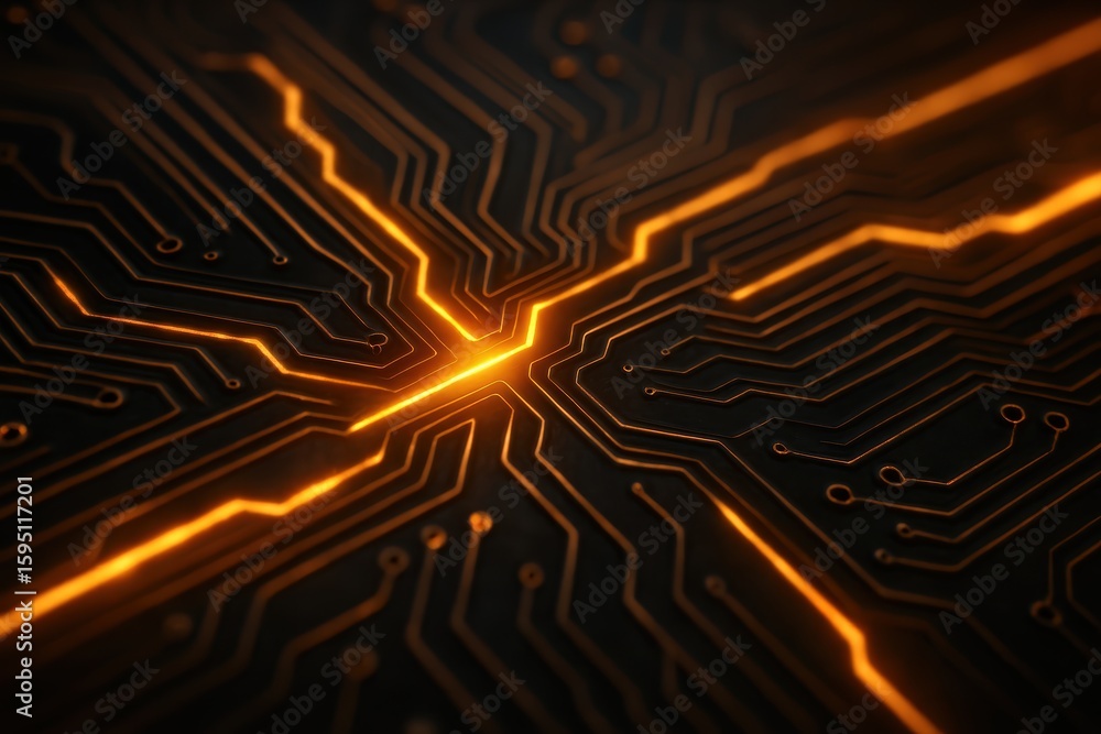 Poster abstract technology background with circuit board design and glowing orange lines