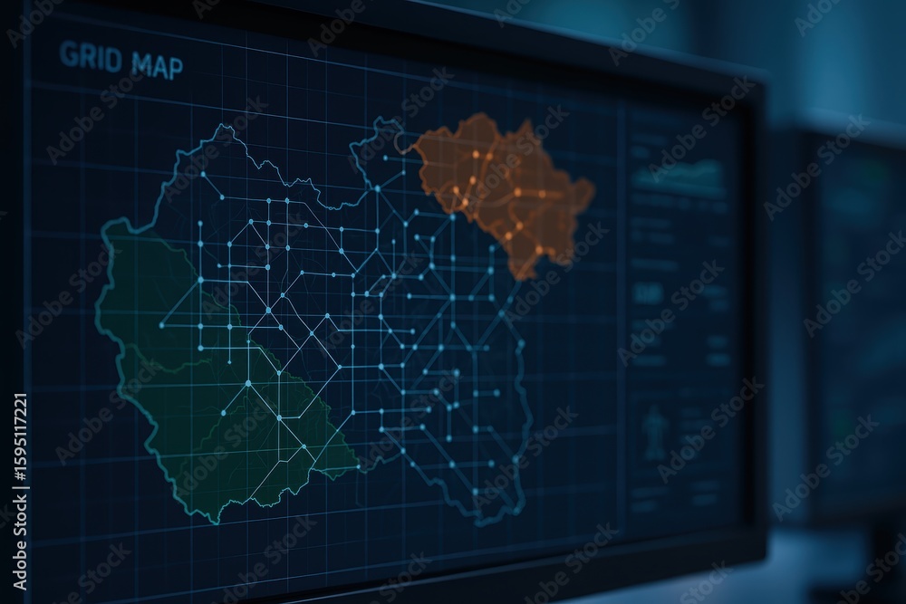 Poster digital grid map visualization with geographical data in dark theme for technology applications