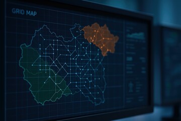 Fototapeta premium Digital Grid Map Visualization with Geographical Data in Dark Theme for Technology Applications