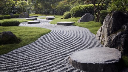 Stepping stone pathway leads through rippled gravel within peaceful Japanese garden landscape scene