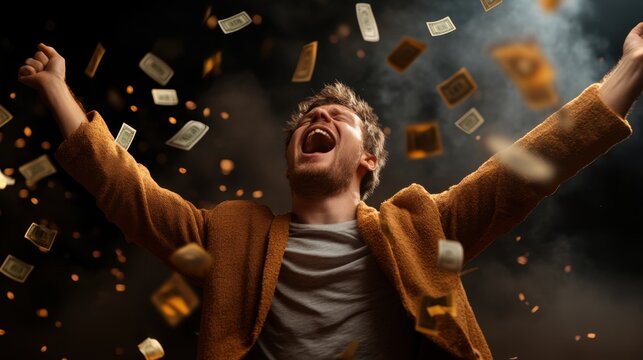 Joyful young caucasian male celebrating money windfall with raised arms and falling cash