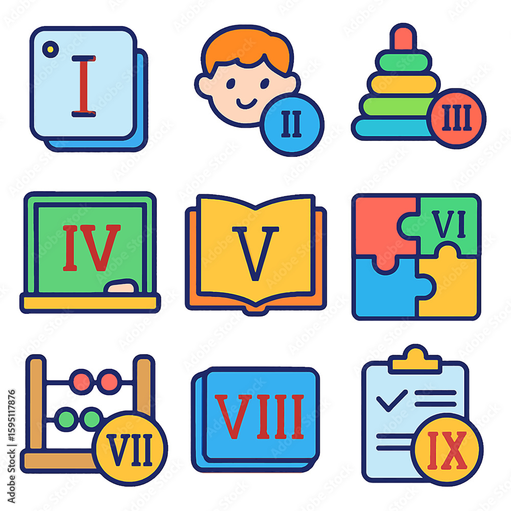Poster cute educational icons with roman numerals i through ix representing learning and development concep