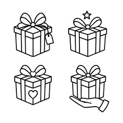 Gift Box Outline Vector Icon Set – Black and White Minimal Line Art