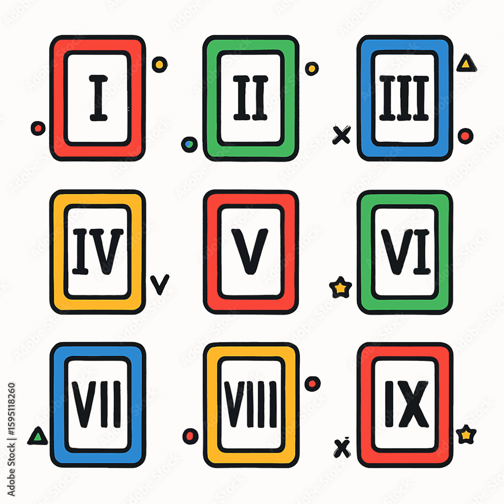 Aufkleber colorful roman numeral cards i through ix displayed in a grid with simple geometric shapes