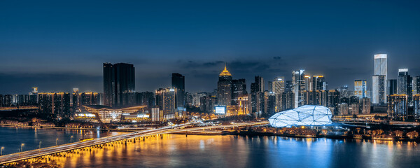 Fototapeta premium Night view of Shenyang Theater in Hunnan District, Shenyang, Liaoning, China