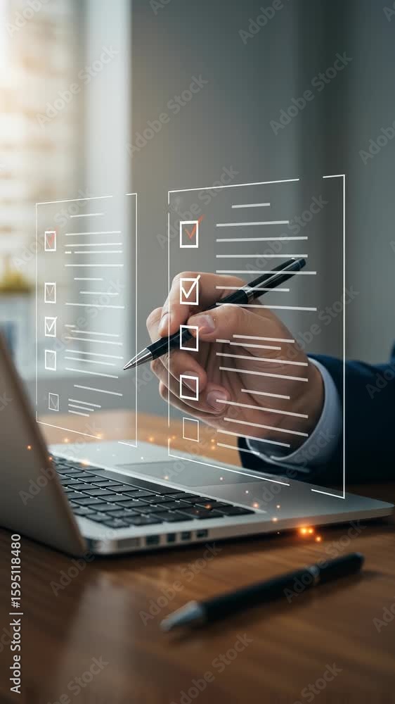 Poster online survey with adult business professional checking digital checklist on a laptop, ensuring data