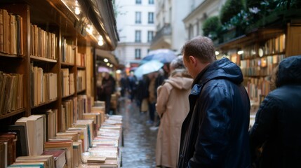 Visitors explore a quaint book market in a charming Parisian street during a rainy day