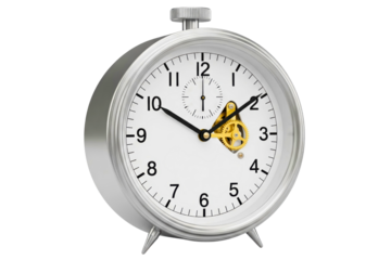 Retro alarm clock with exposed gears showing the inner mechanism isolated on a transparent background
