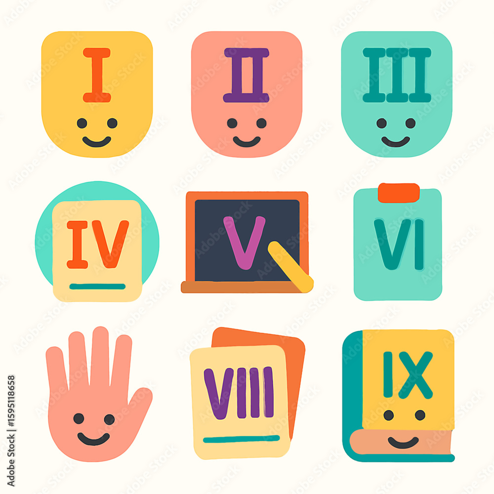 Aufkleber cute collection of roman numerals i through ix displayed on colorful educational icons and objects