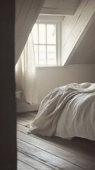 Sunlight filters through a window onto bedding in the whitewashed attic bedroom with a calming feel