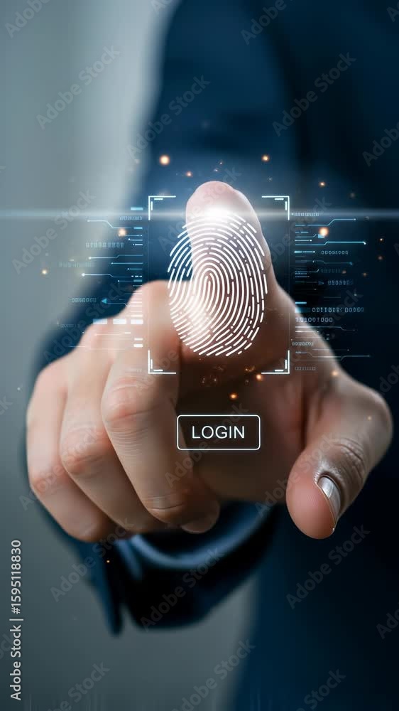 Poster fingerprint login: businessman uses finger scan authentication for secure digital access.