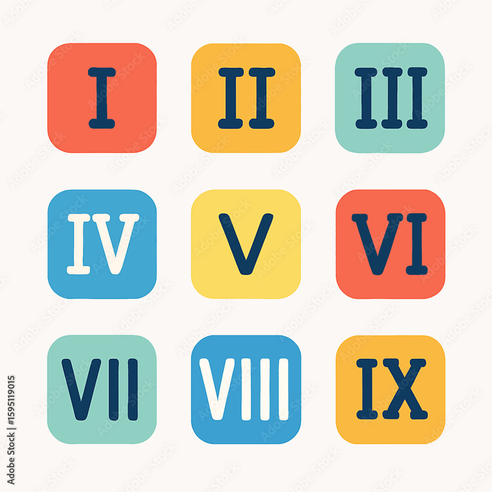 Poster nine colorful squares display roman numerals i through ix for learning or design
