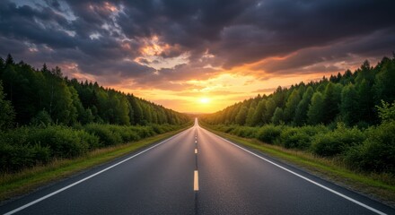 Naklejka premium Road Leading to Sunset with Dramatic Sky and Forest