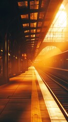 Sunlight illuminates empty platform and tracks at a modern, covered railway station during golden hour