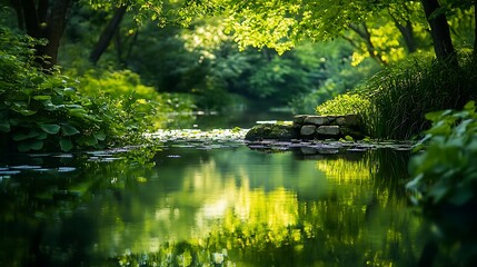 Sunlight highlights a tranquil pond filled with lily pads and verdant foliage reflection within clear water