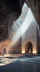 Sunlight illuminates the mosque cave with intricate architecture and steps, featuring a beautiful design