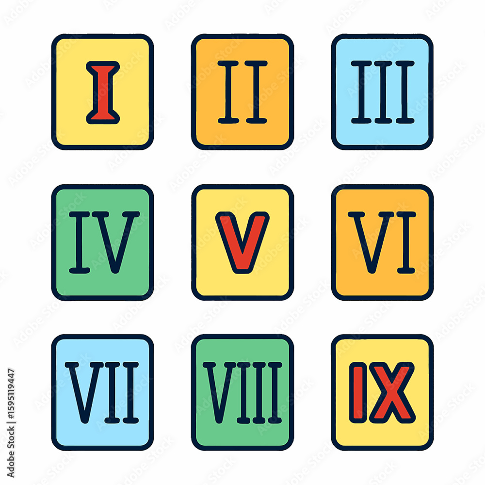 Poster nine colorful square tiles display roman numerals from i to ix in a grid.