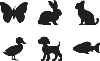 Collection of animal silhouettes butterfly rabbit cat duck dog fish silhouette