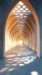 Sunlight streams into the long, arched hallway, illuminating the textured walls and creating intricate floor shadows